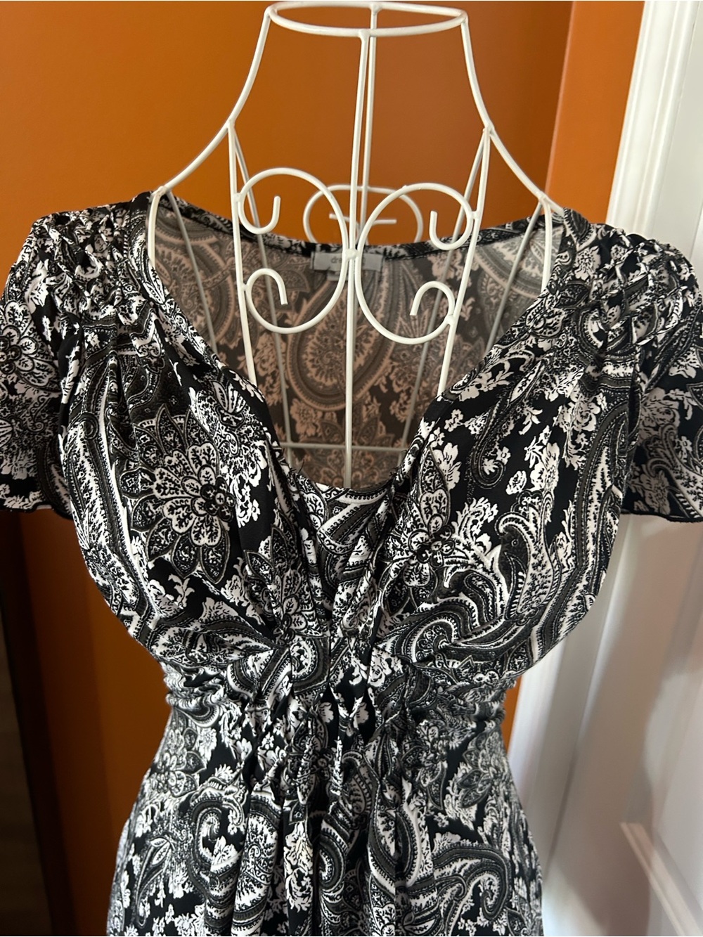 Vintage Y2K Dress Barn Petite XL Boho Paisley Top Black White Cottagecore Flowy - Picture 4 of 13